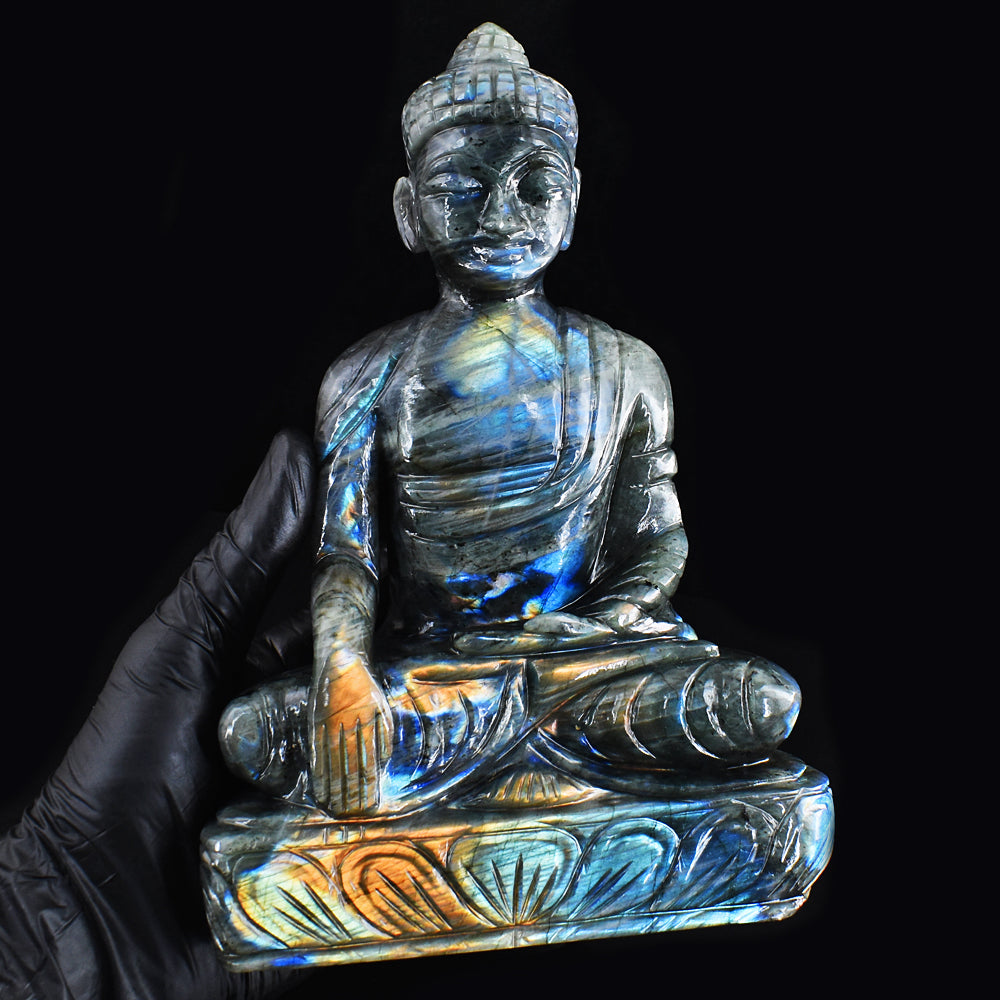 One-of-a-Kind Labradorite Buddha Idol with Stunning Orange and Blue Flash – Spiritual Elegance Redefined