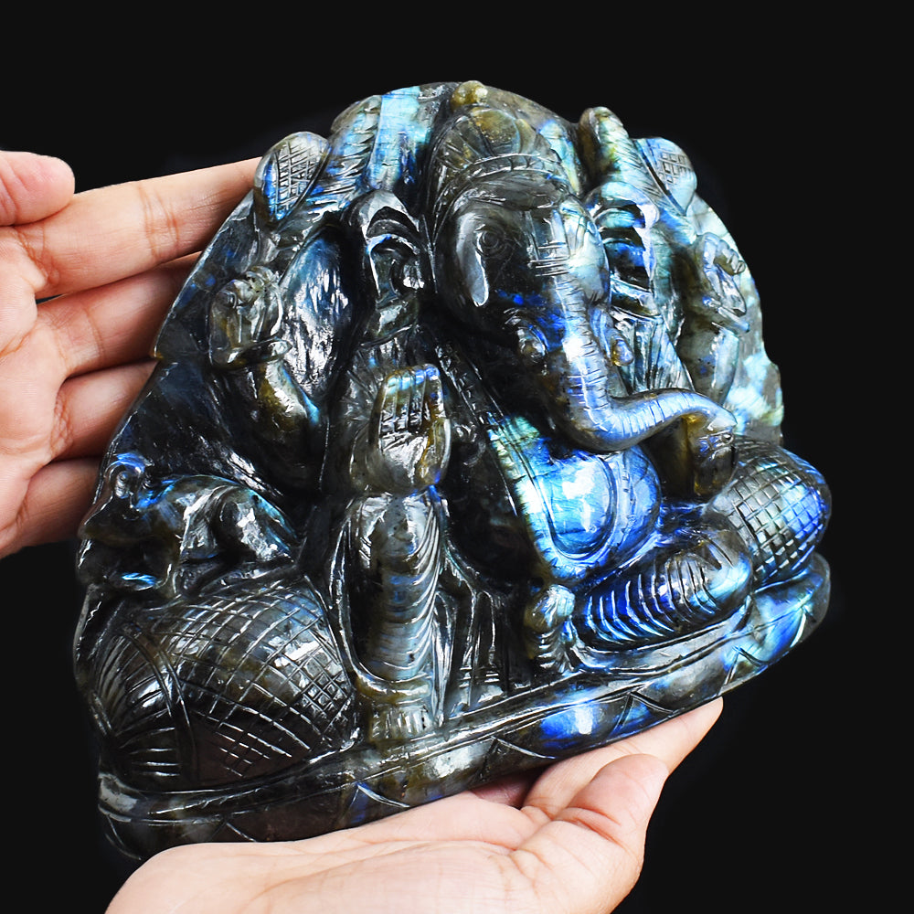 Gorgeous 10540.00  Cts Genuine Blue Flash Labradorite Hand Carved Crystal Lord Ganesha Gemstone Carving