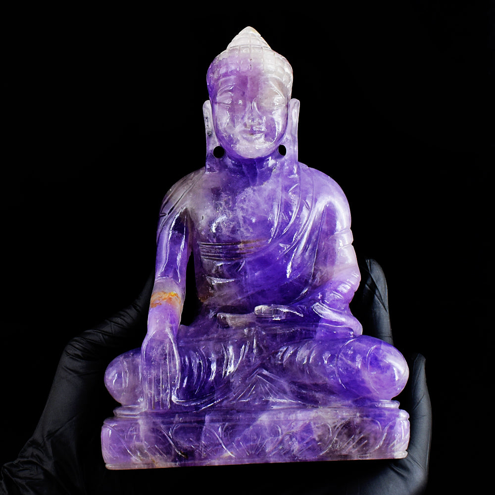 Awesome 7095.00 Cts Genuine Amethyst Hand Carved Crystal Gemstone Buddha Statue Carving