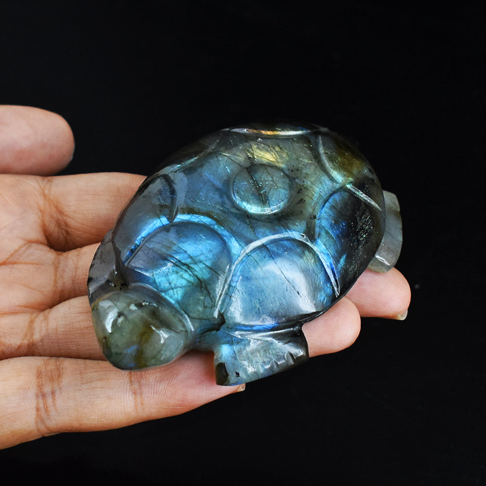 Beautiful  510.00 Carats  Genuine  Blue Flash  Labradorite Hand Carved  Crystal  Turtle Carving