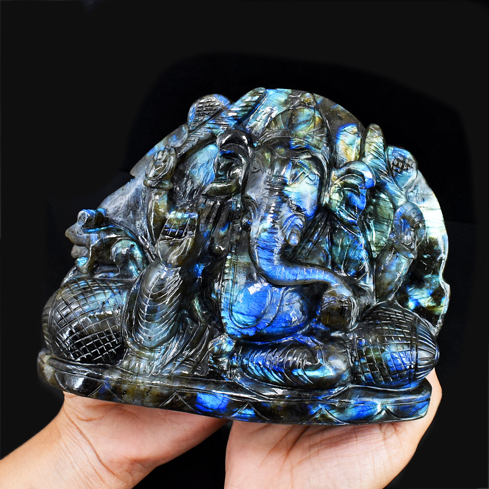 Gorgeous 10540.00  Cts Genuine Blue Flash Labradorite Hand Carved Crystal Lord Ganesha Gemstone Carving