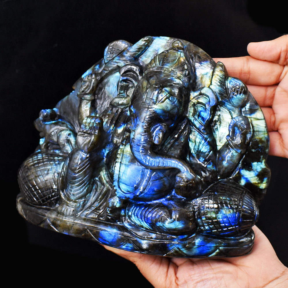 Gorgeous 10540.00  Cts Genuine Blue Flash Labradorite Hand Carved Crystal Lord Ganesha Gemstone Carving