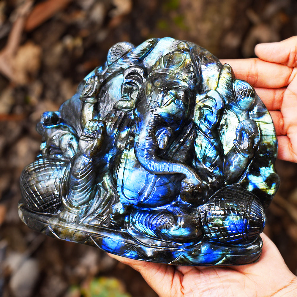 Gorgeous 10540.00  Cts Genuine Blue Flash Labradorite Hand Carved Crystal Lord Ganesha Gemstone Carving