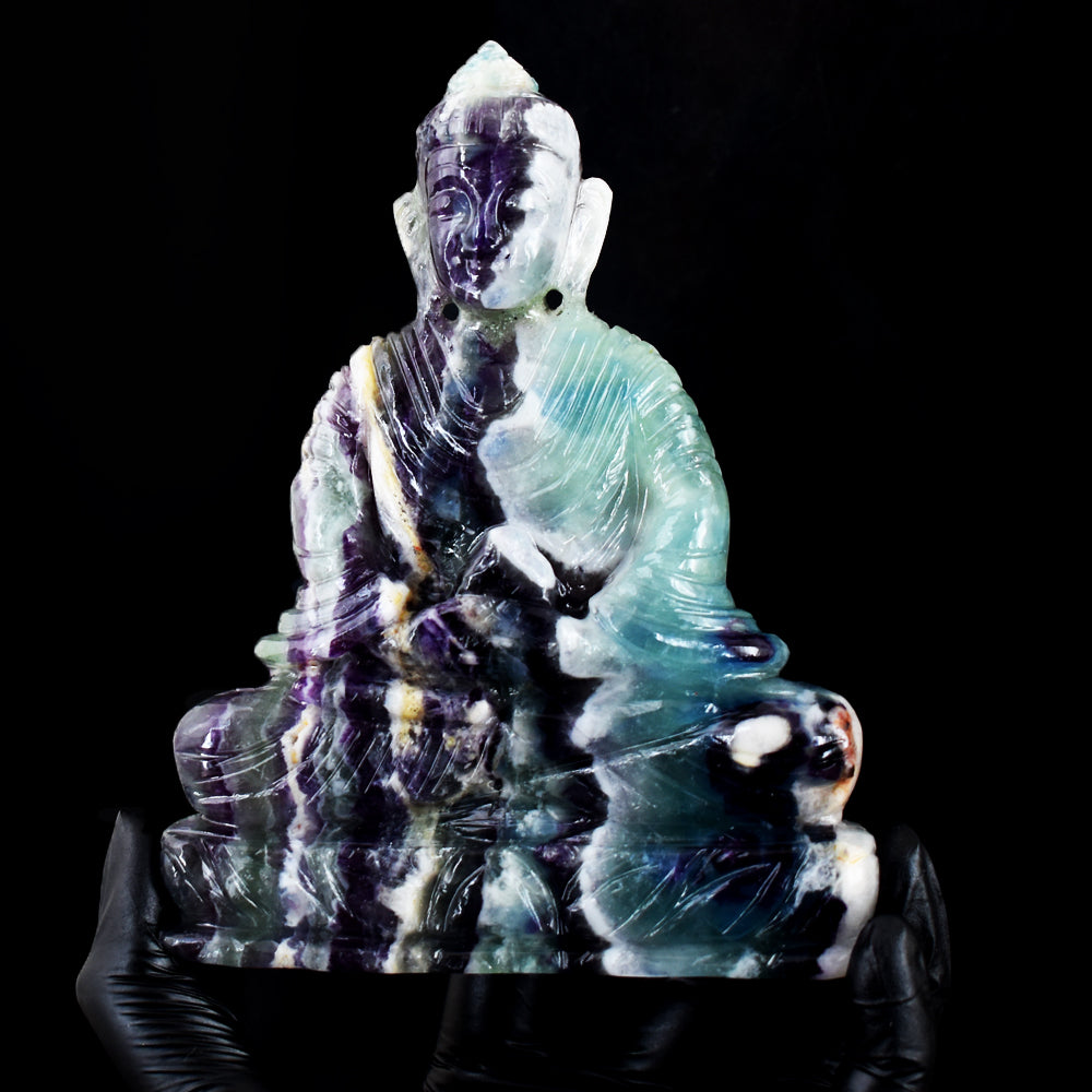 Beautiful 3304.00 Cts Genuine Multicolor Fluorite Hand Carved Crystal Gemstone Buddha Idol Carving