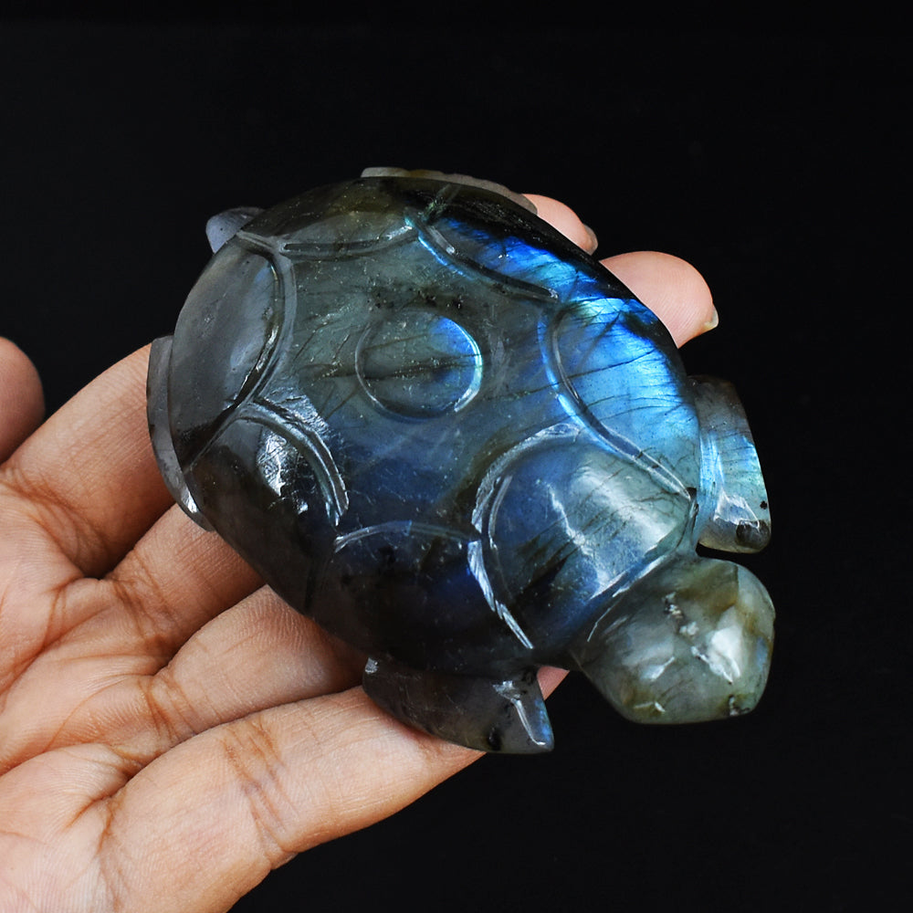 Beautiful  510.00 Carats  Genuine  Blue Flash  Labradorite Hand Carved  Crystal  Turtle Carving