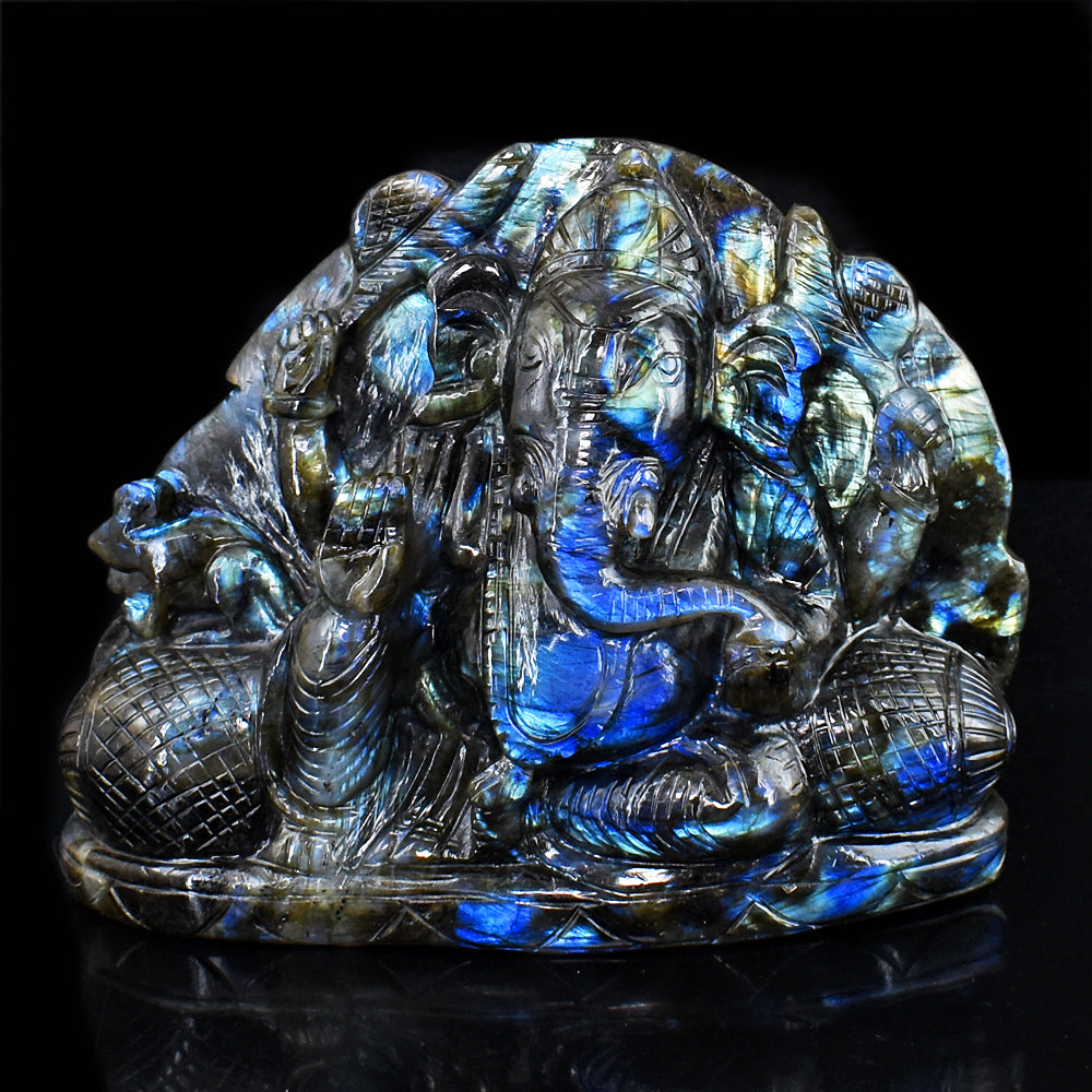 Gorgeous 10540.00  Cts Genuine Blue Flash Labradorite Hand Carved Crystal Lord Ganesha Gemstone Carving