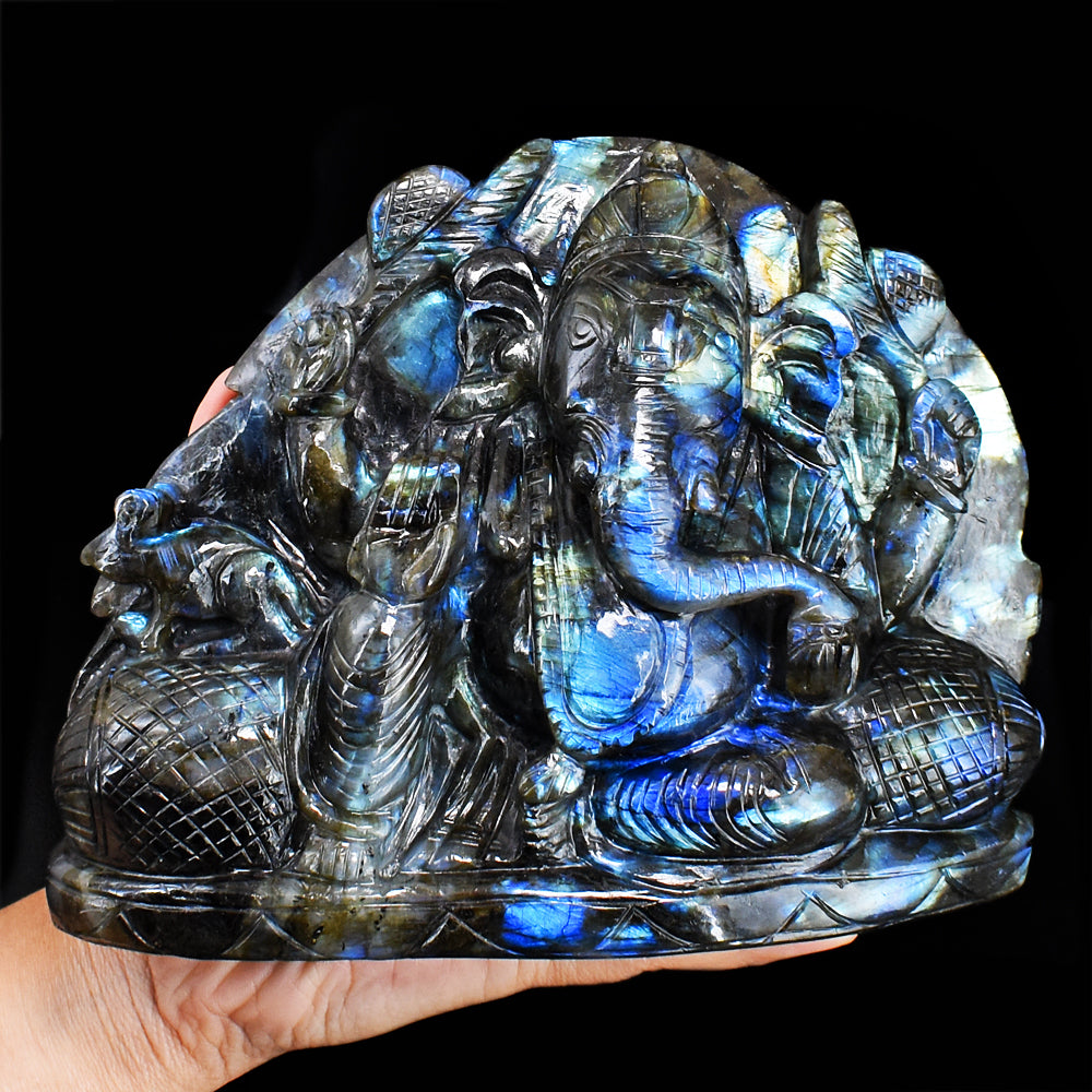 Gorgeous 10540.00  Cts Genuine Blue Flash Labradorite Hand Carved Crystal Lord Ganesha Gemstone Carving