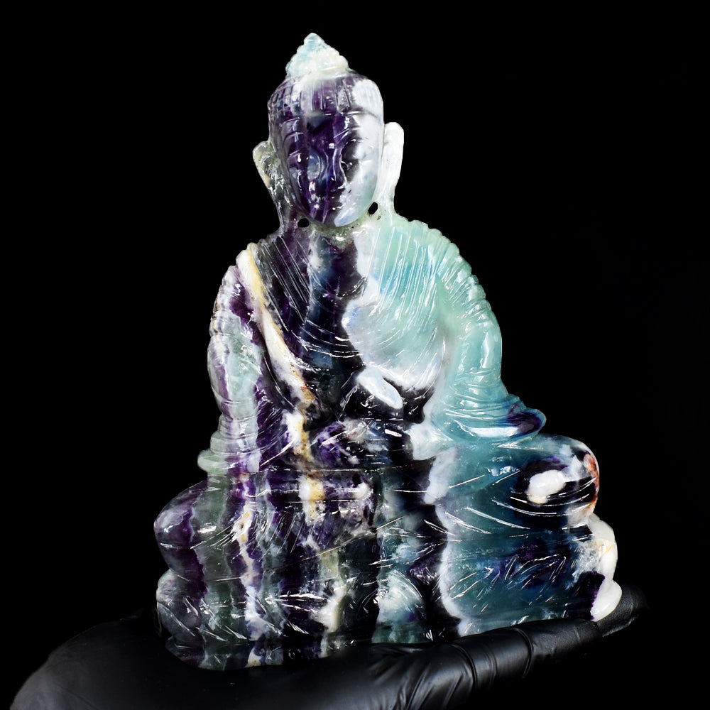 Beautiful 3304.00 Cts Genuine Multicolor Fluorite Hand Carved Crystal Gemstone Buddha Idol Carving