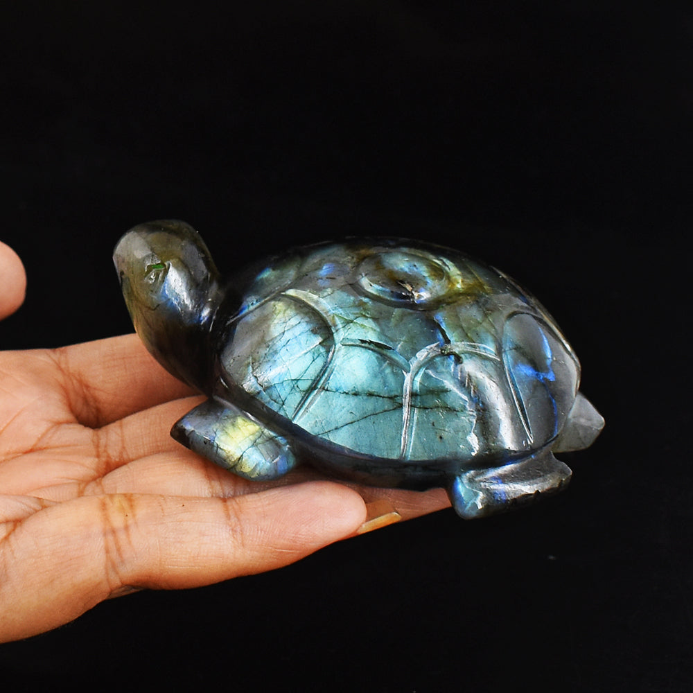 Craftsmen 753.00 Carats Genuine Blue Flash Labradorite Hand Carved  Crystal  Turtle Carving