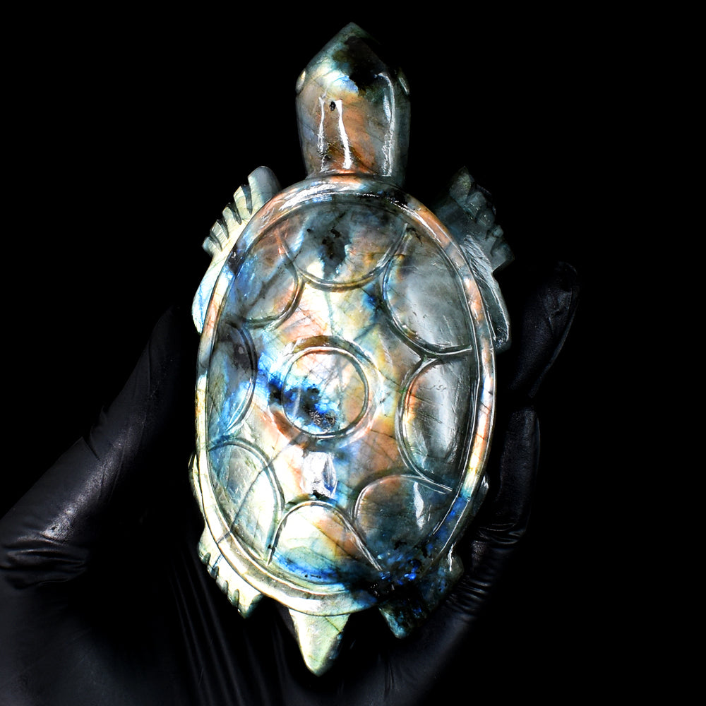 Beautiful 1320.00 Cts Genuine Amazing Flash Labradorite Hand Carved Crystal Turtle Gemstone Carving