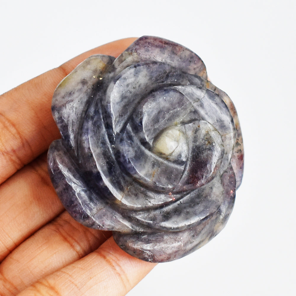 Natural  231.00 Carats Genuine Blue Iolite Hand Carved Gemstone Crystal Rose Flower Carving