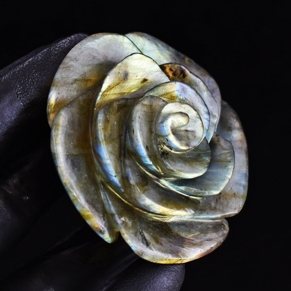 Awesome 366.00 Cts Genuine Golden Flash Labradorite Hand Carved Gemstone Rose Crystal Carving