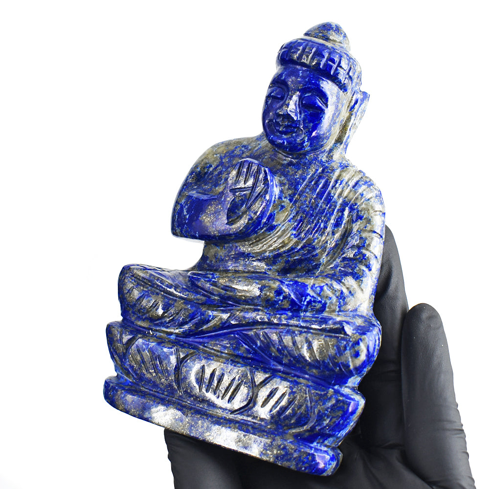 Awesome 1948.00 Cts Genuine Blue Lapis Lazuli Hand Carved Gemstone Buddha Statue Carving