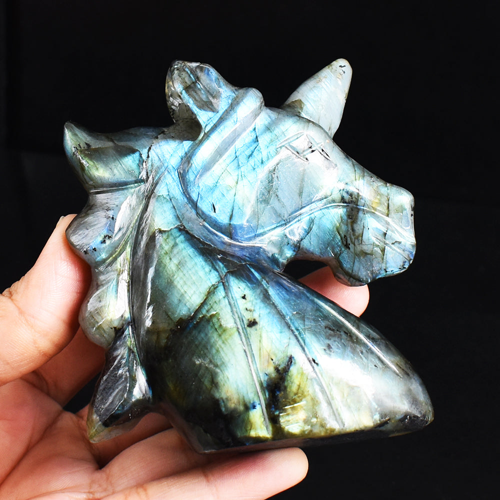 Natural 1425.00 Cts Genuine Amazing Flash Labradorite Hand Carved Crystal Unicorn Head Gemstone Carving