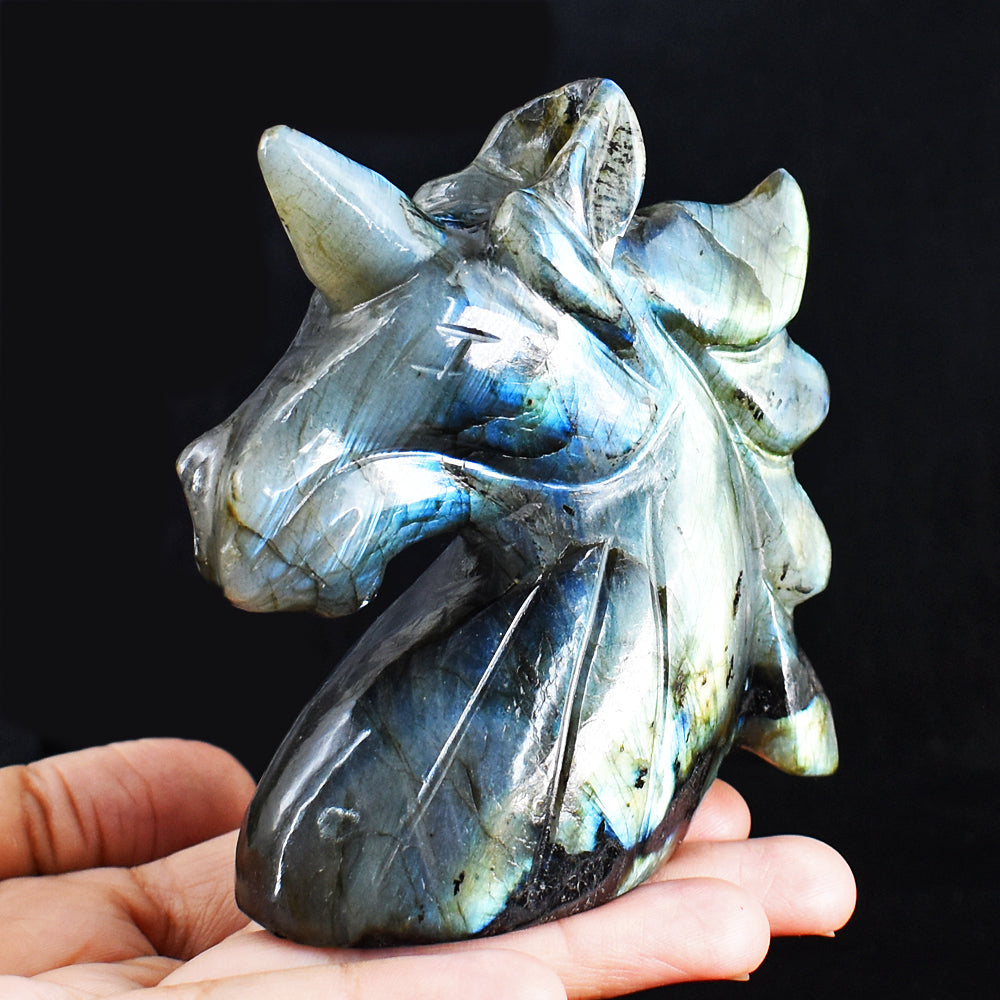 Natural 1425.00 Cts Genuine Amazing Flash Labradorite Hand Carved Crystal Unicorn Head Gemstone Carving