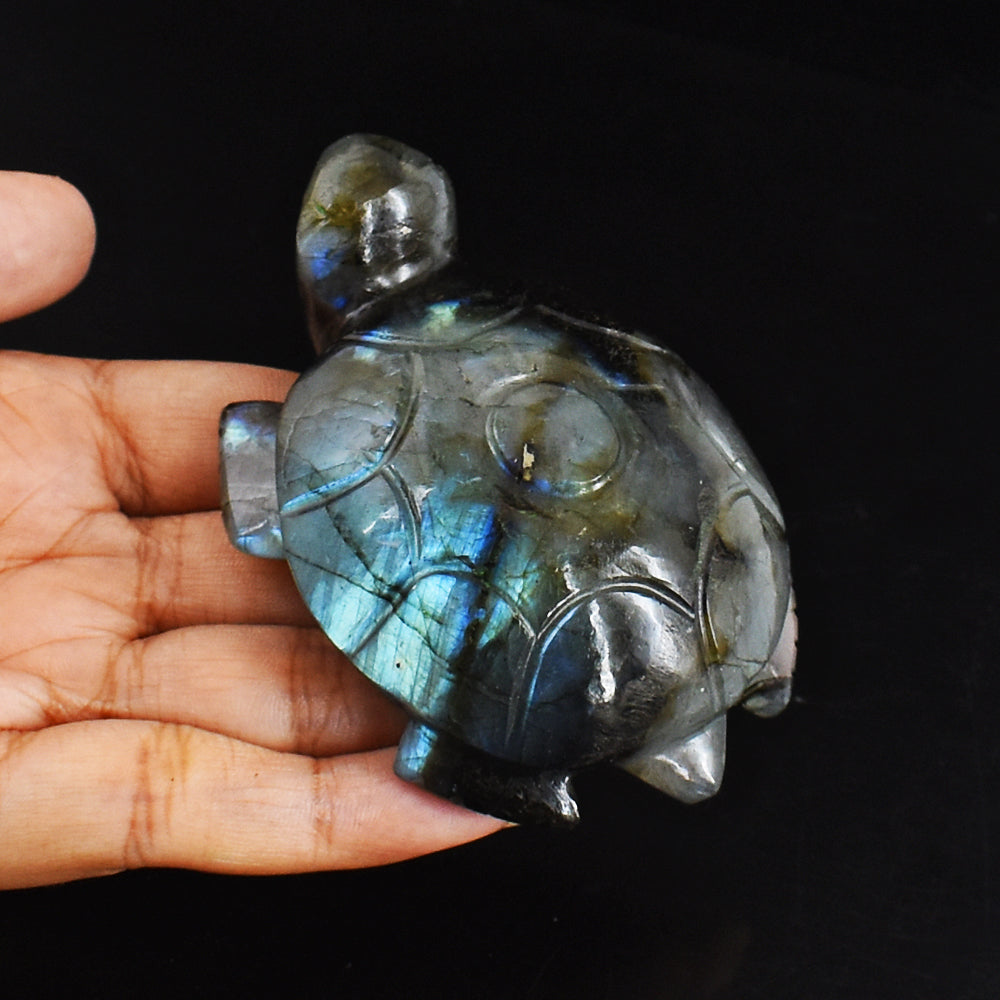 Craftsmen 753.00 Carats Genuine Blue Flash Labradorite Hand Carved  Crystal  Turtle Carving