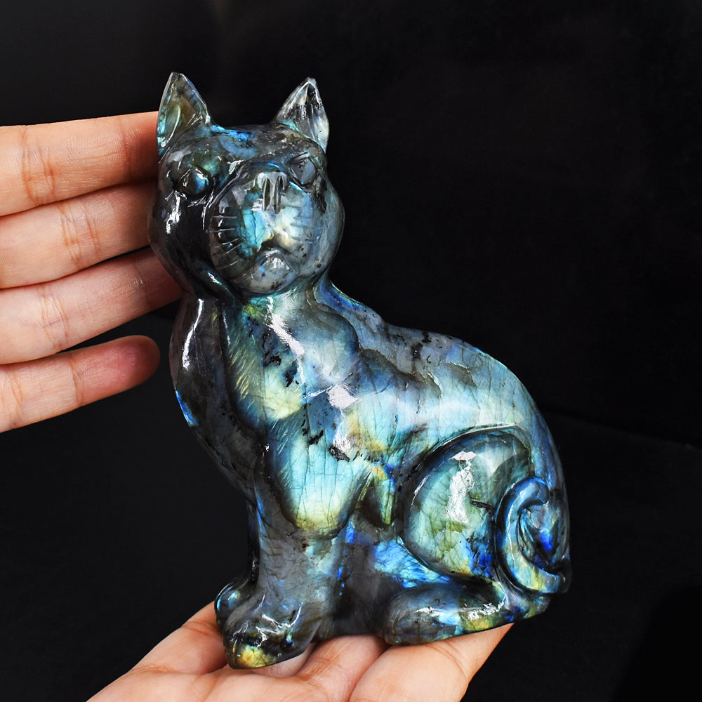Awesome 3062.00  Cts  Genuine Amazing Flash Labradorite  Hand Carved Crystal Gemstone Cat Carving
