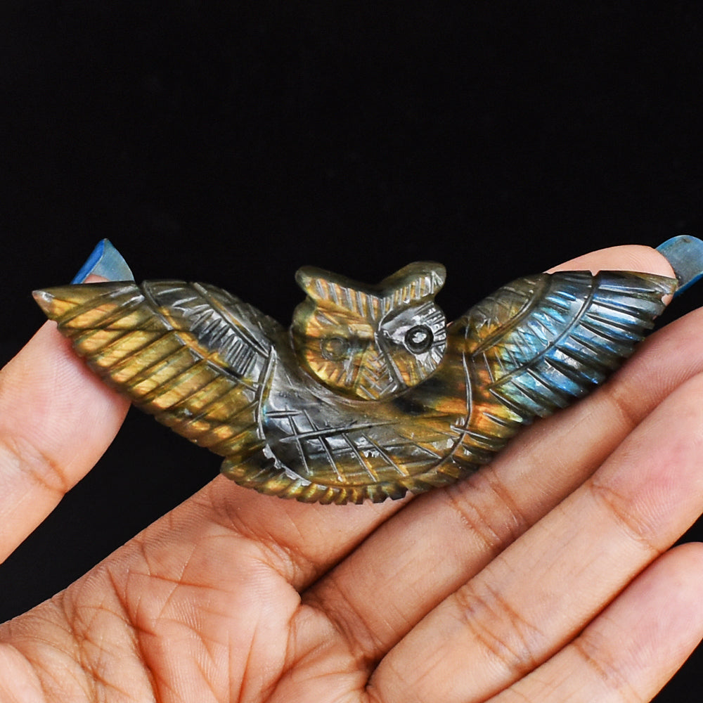 Gorgeous  106.00  Carats  Genuine  Orange &  Blue  Flash  Labardorite  Hand Carved  Crystal Owl