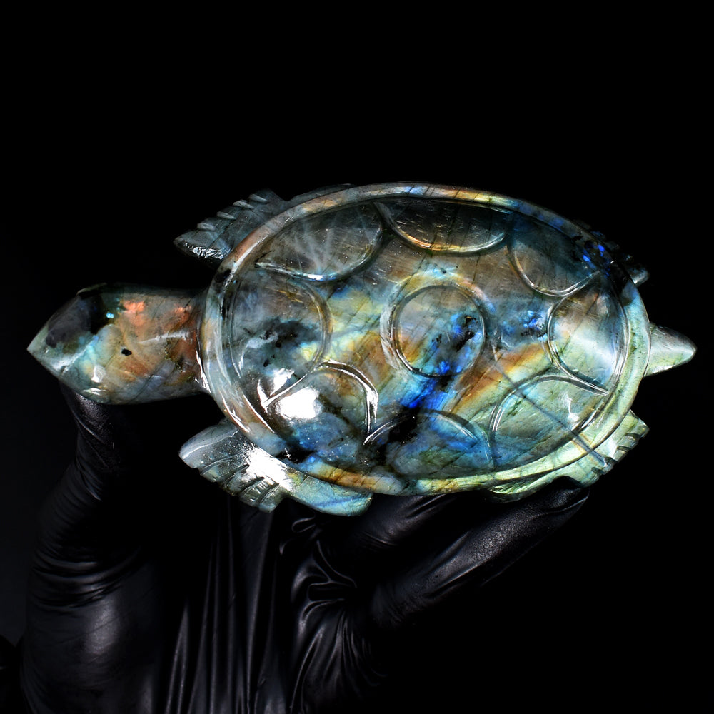 Beautiful 1320.00 Cts Genuine Amazing Flash Labradorite Hand Carved Crystal Turtle Gemstone Carving