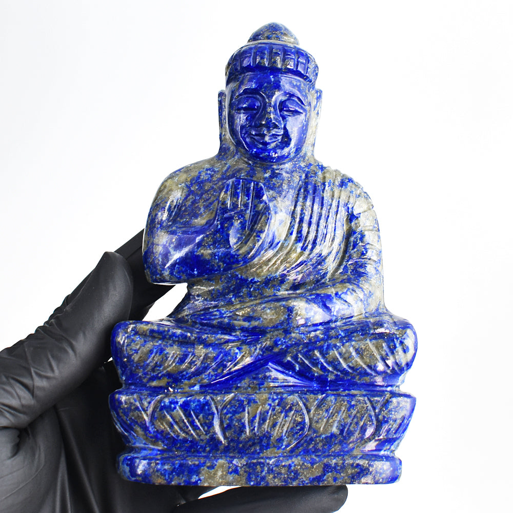 Awesome 1948.00 Cts Genuine Blue Lapis Lazuli Hand Carved Gemstone Buddha Statue Carving