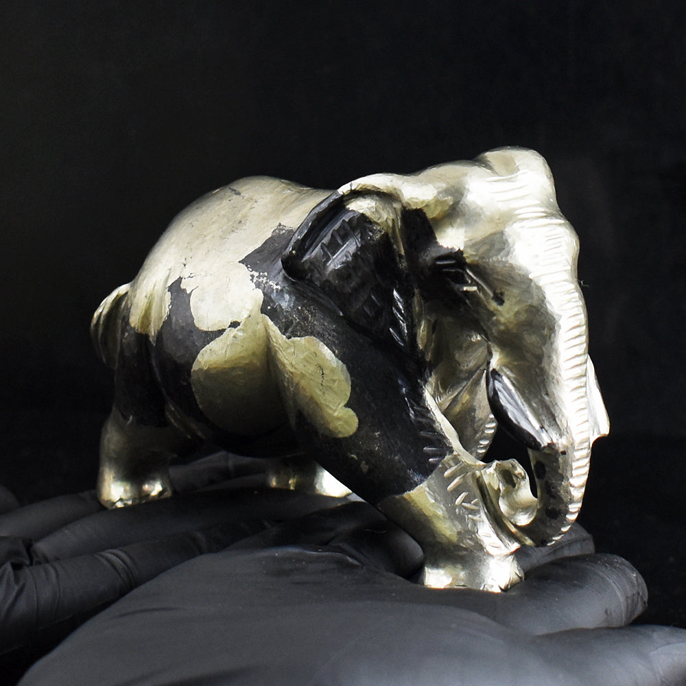 Natural 4056.00 Cts Genuine Golden Pyrite Hand Carved Gemstone Elephant Crystal Carving