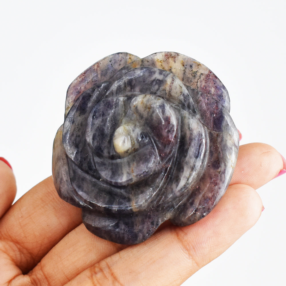 Natural  231.00 Carats Genuine Blue Iolite Hand Carved Gemstone Crystal Rose Flower Carving