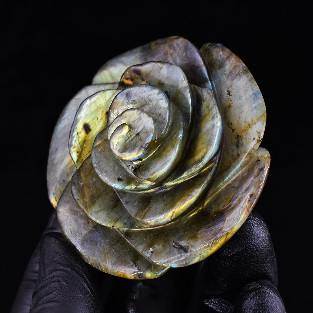 Awesome 366.00 Cts Genuine Golden Flash Labradorite Hand Carved Gemstone Rose Crystal Carving