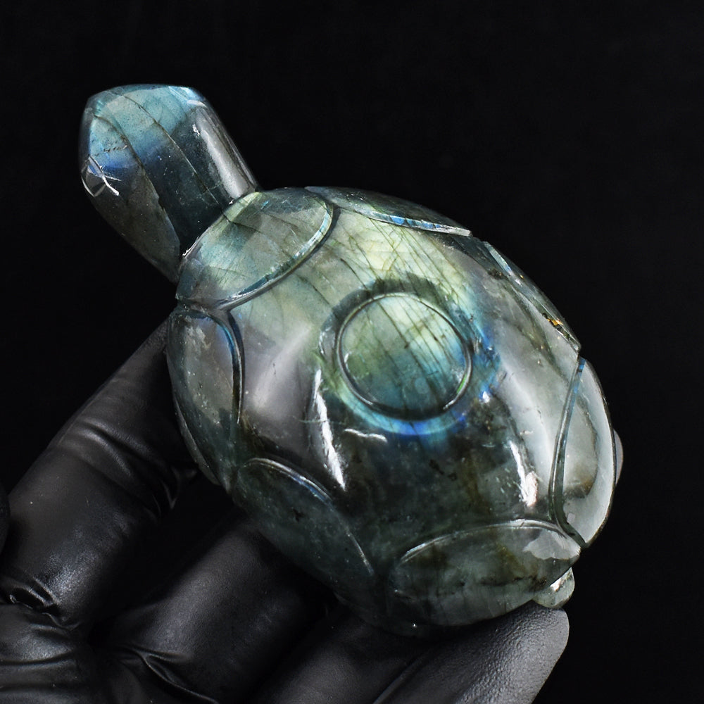 Craftsmen 890.00 Cts Genuine Amazing Flash Labradorite Hand Carved Gemstone Turtle Carving