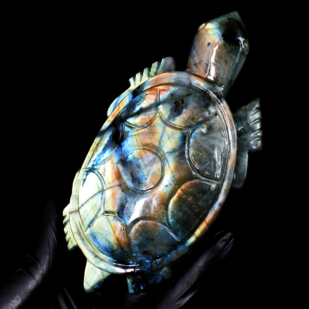 Beautiful 1320.00 Cts Genuine Amazing Flash Labradorite Hand Carved Crystal Turtle Gemstone Carving