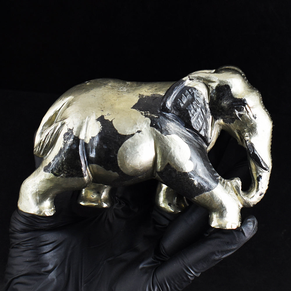 Natural 4056.00 Cts Genuine Golden Pyrite Hand Carved Gemstone Elephant Crystal Carving