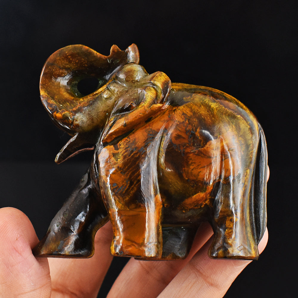 Awesome 812.00 Cts Genuine Tiger Eye Hand Carved Crystal Gemstone Elephant Carving