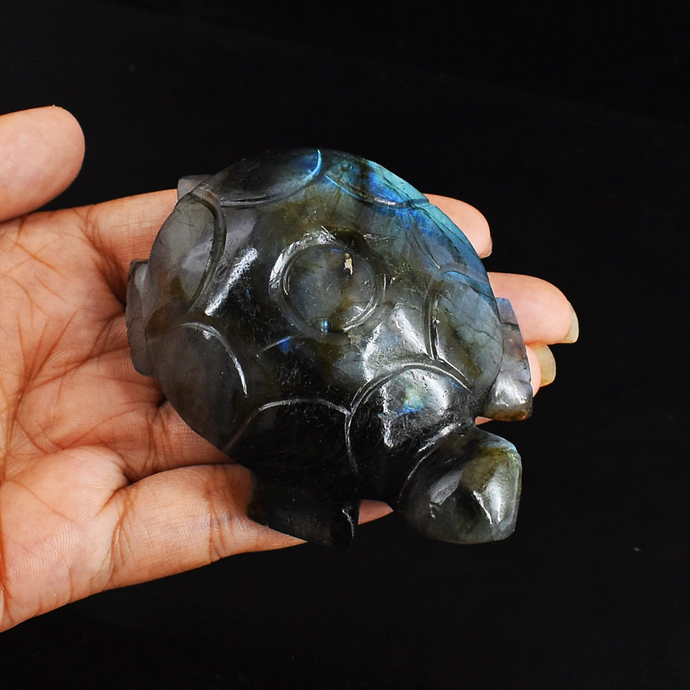 Craftsmen 753.00 Carats Genuine Blue Flash Labradorite Hand Carved  Crystal  Turtle Carving