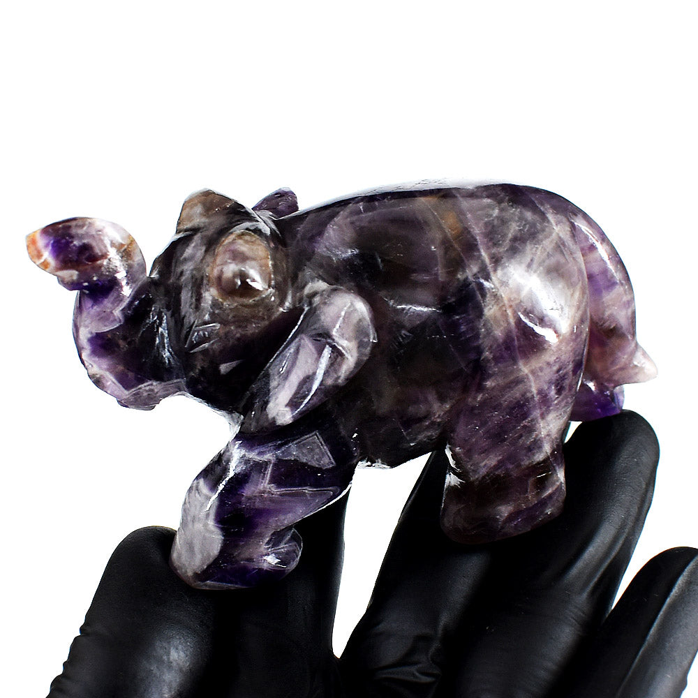 Genuine 1203.00 Carats Chevron Amethyst Hand Carved Crystal Gemstone Elephant Carving