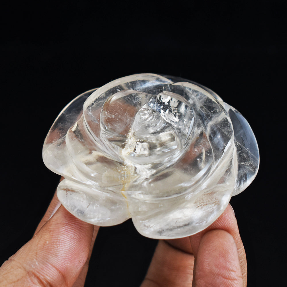 Genuine  White  Quartz 437.00 Carats  Hand  Carved Crystal Rose Flower Carving  Gemstone