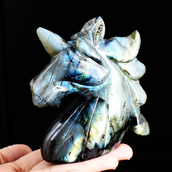 Natural 1425.00 Cts Genuine Amazing Flash Labradorite Hand Carved Crystal Unicorn Head Gemstone Carving