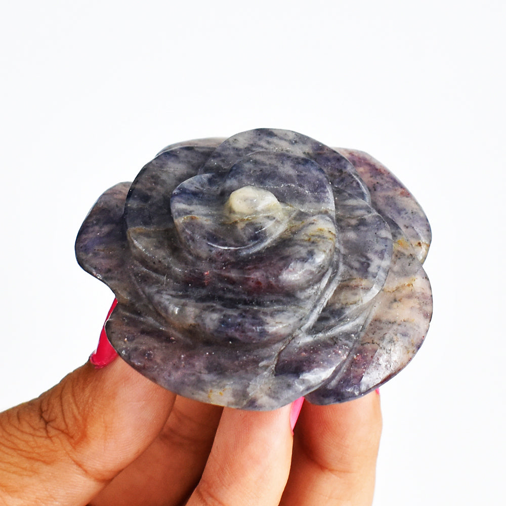 Natural  231.00 Carats Genuine Blue Iolite Hand Carved Gemstone Crystal Rose Flower Carving