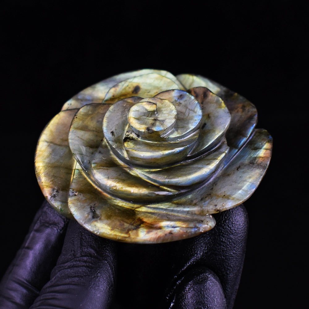 Awesome 366.00 Cts Genuine Golden Flash Labradorite Hand Carved Gemstone Rose Crystal Carving