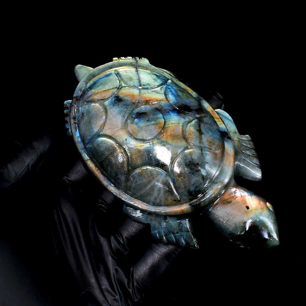 Beautiful 1320.00 Cts Genuine Amazing Flash Labradorite Hand Carved Crystal Turtle Gemstone Carving