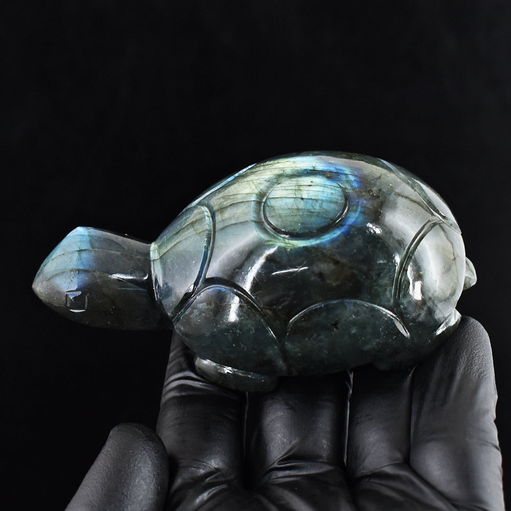 Craftsmen 890.00 Cts Genuine Amazing Flash Labradorite Hand Carved Gemstone Turtle Carving