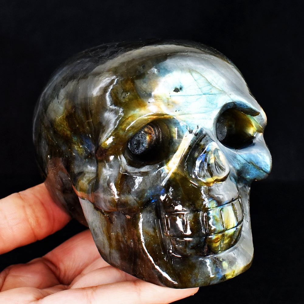 Amazing 4250.00 Cts Genuine Golden & Blue Flash Labradorite Hand Carved Skull Gemstone Carving