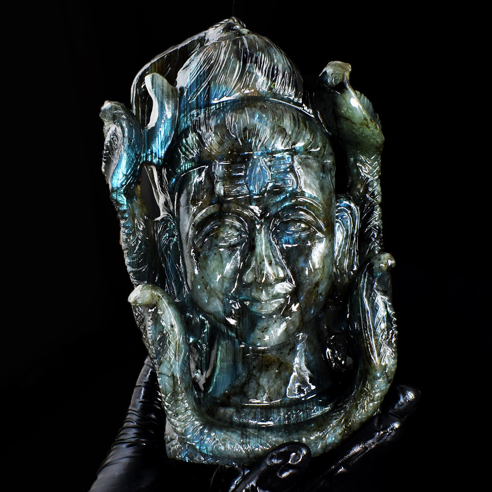 Gorgeous 7314.00 Cts Genuine Blue Flash Labradorite Hand Carved Gemstone Crystal Shiva Head Carving