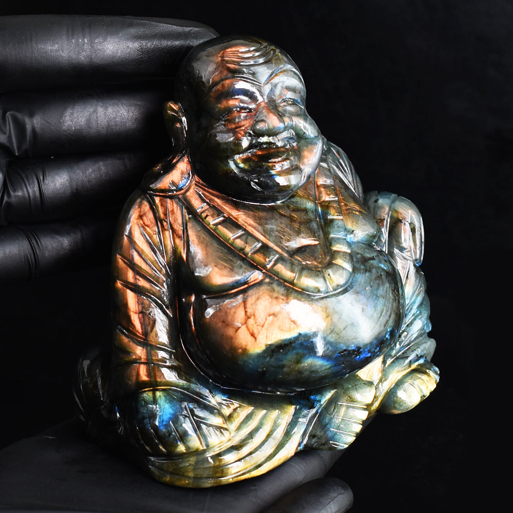 Beautiful 4866.00 Cts Genuine Amazing Flash Labradorite Hand Carved Gemstone Laughing Buddha Carving