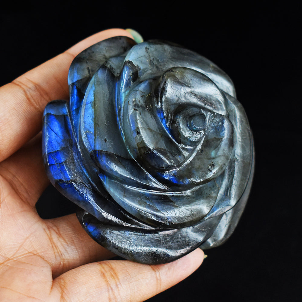 Gorgeous  1062.00 Carats  Blue  Flash  Labradorite  Hand  Carved  Rose Flower  Gemstone  Carving