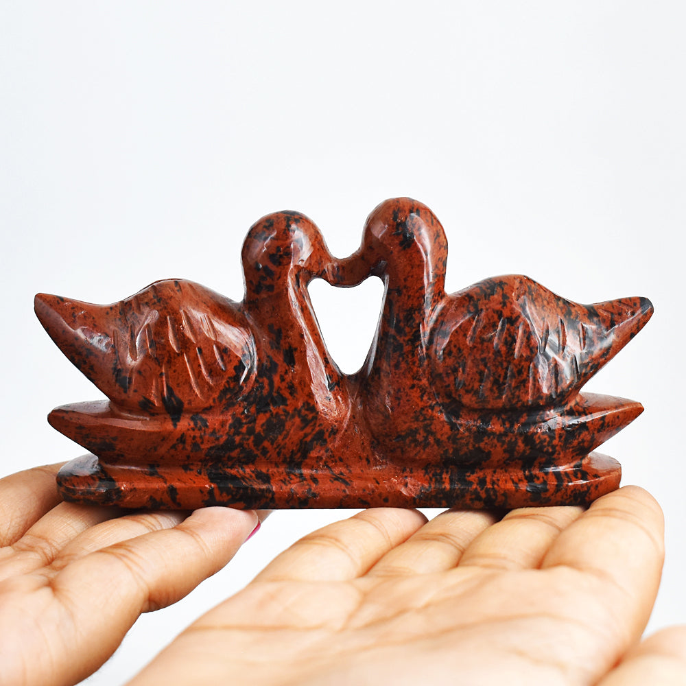 Gorgeous  920.00  Cts  Genuine Mahogany Jasper Hand Carved Crystal Swan Pair Gemstone Carving