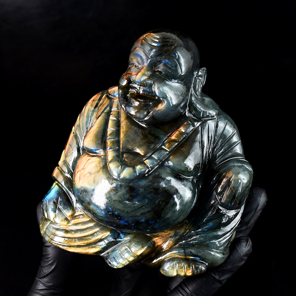 Beautiful 4866.00 Cts Genuine Amazing Flash Labradorite Hand Carved Gemstone Laughing Buddha Carving