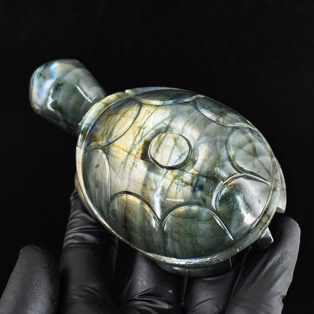 Craftsmen 1063.00 Cts Genuine Golden Flash Labradorite Carved Turtle Gemstone Crystal Carving