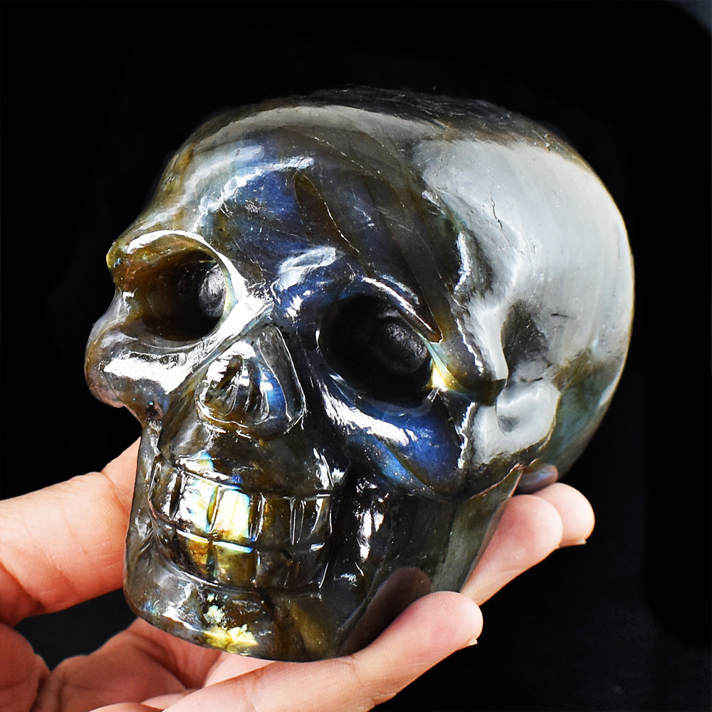 Amazing 4250.00 Cts Genuine Golden & Blue Flash Labradorite Hand Carved Skull Gemstone Carving