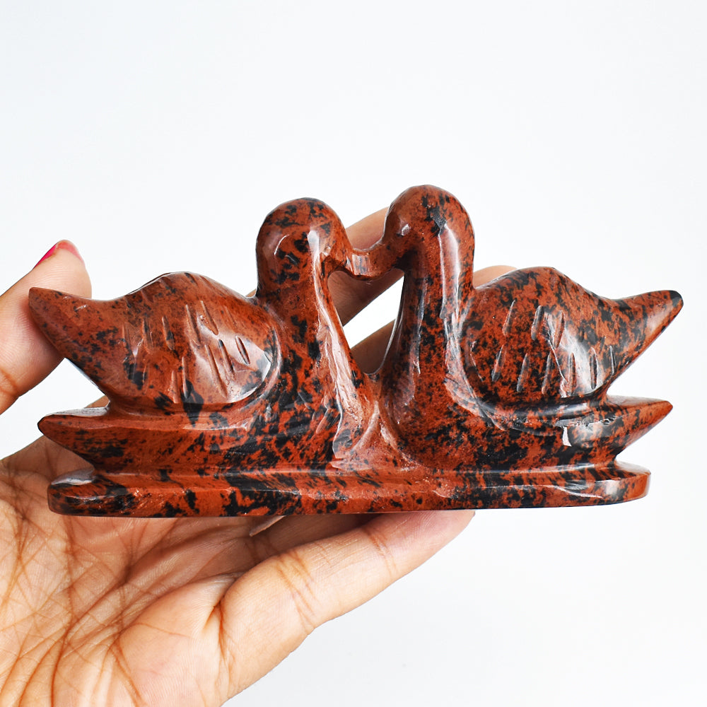 Gorgeous  920.00  Cts  Genuine Mahogany Jasper Hand Carved Crystal Swan Pair Gemstone Carving