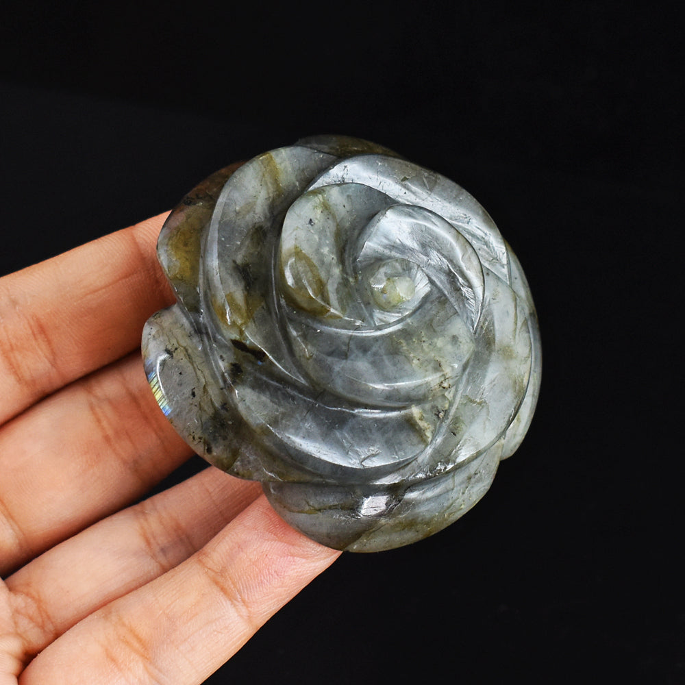 Craftsmen 494.00 Carats  Genuine Golden & Blue Flash Labradorite Hand Carved  Gemstone  Rose Flower Carving