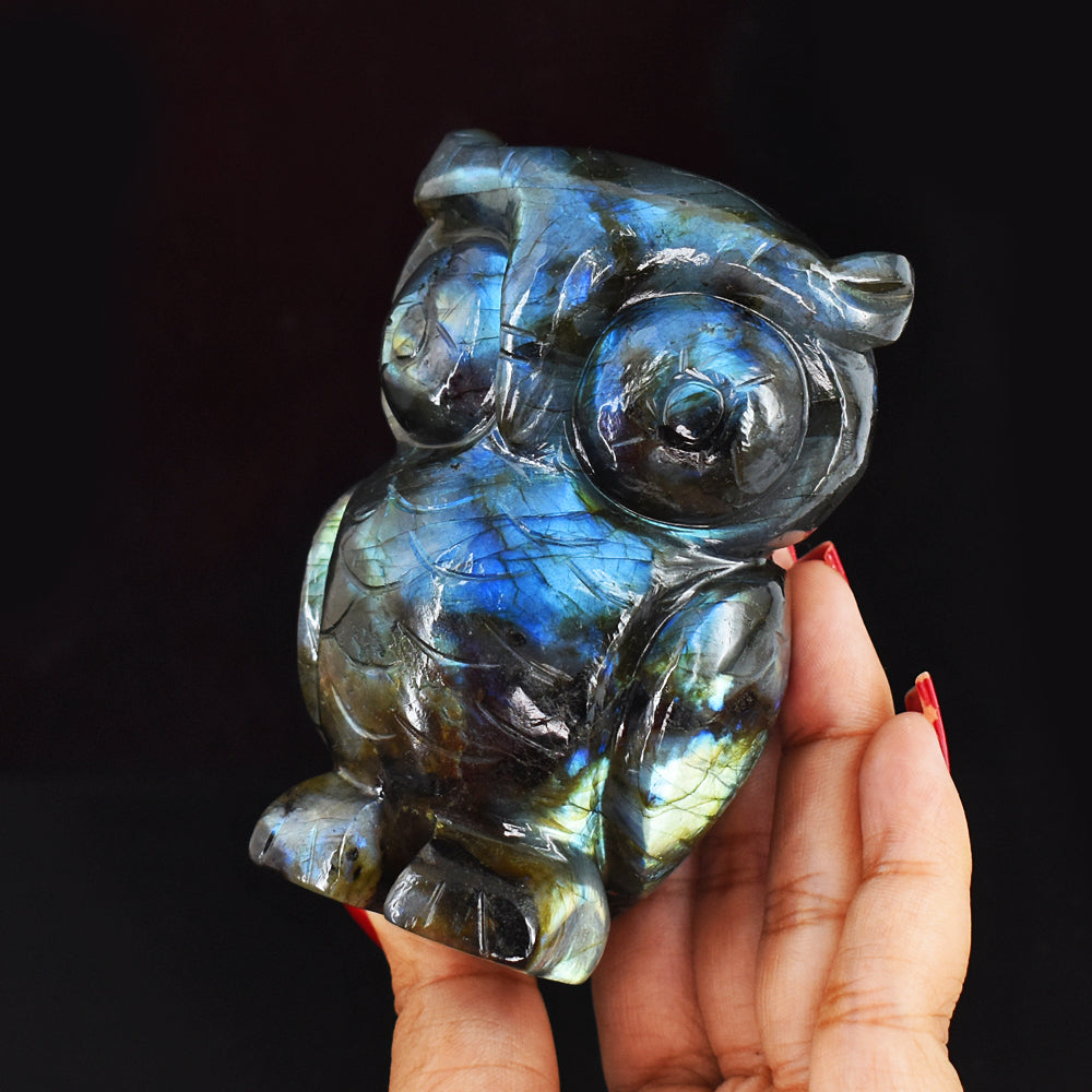 Awesome 1900.00  Cts  Genuine Amazing Flash Labradorite  Hand Carved Gemstone Owl Carving